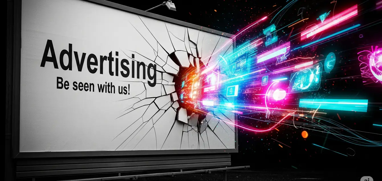 Experiential Marketing Is the Future A billboard for traditional advertising is shattered by a colorful digital explosion, symbolizing the rise of experiential marketing.