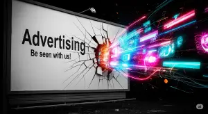 A billboard for traditional advertising is shattered by a colorful digital explosion, symbolizing the rise of experiential marketing.