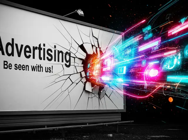 Experiential Marketing Is the Future A billboard for traditional advertising is shattered by a colorful digital explosion, symbolizing the rise of experiential marketing.