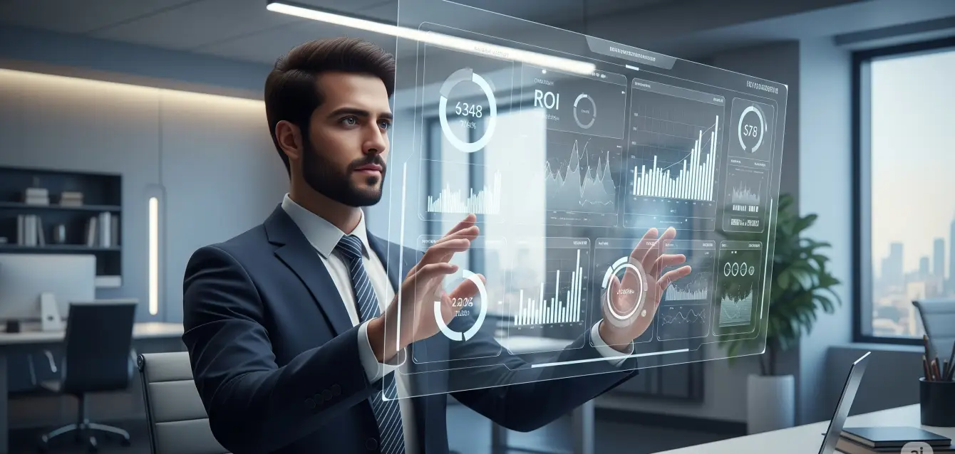 ROI of Experiential Marketing A male strategist analyzing the ROI of experiential marketing on a futuristic holographic interface with rising graphs and data clouds.