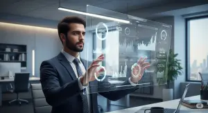 A male strategist analyzing the ROI of experiential marketing on a futuristic holographic interface with rising graphs and data clouds.
