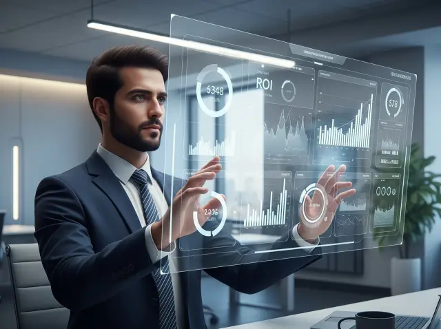 ROI of Experiential Marketing A male strategist analyzing the ROI of experiential marketing on a futuristic holographic interface with rising graphs and data clouds.