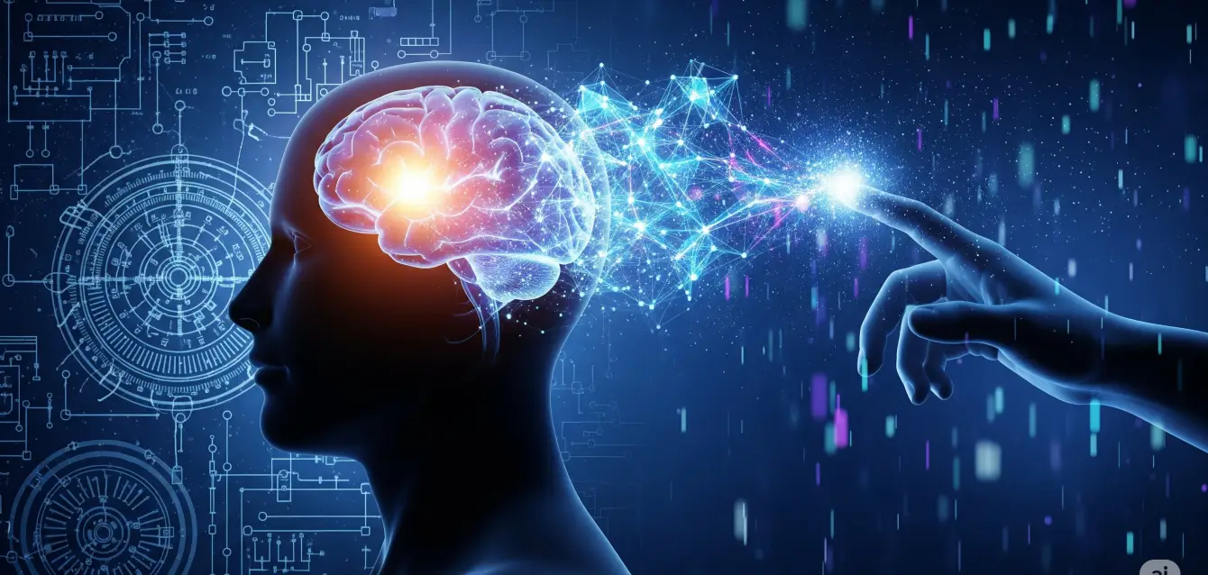 The Future of Artificial Intelligence The evolution and future of Artificial Intelligence, showing a human mind connecting with a digital neural network, bridging past and future technologies.