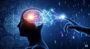 The evolution and future of Artificial Intelligence, showing a human mind connecting with a digital neural network, bridging past and future technologies.