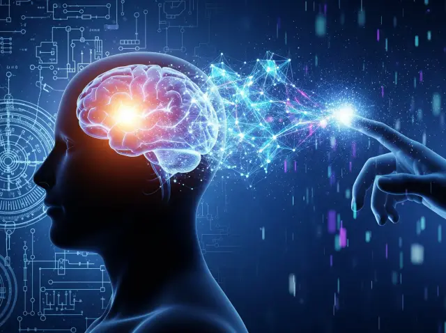 The Future of Artificial Intelligence The evolution and future of Artificial Intelligence, showing a human mind connecting with a digital neural network, bridging past and future technologies.